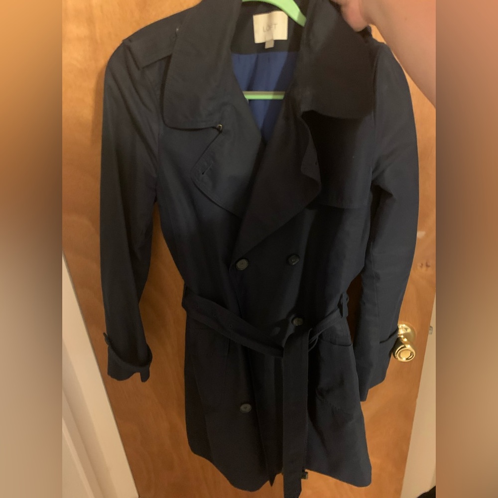 Navy LOFT Women’s size 14 trench coat COTTON hand knee length belted